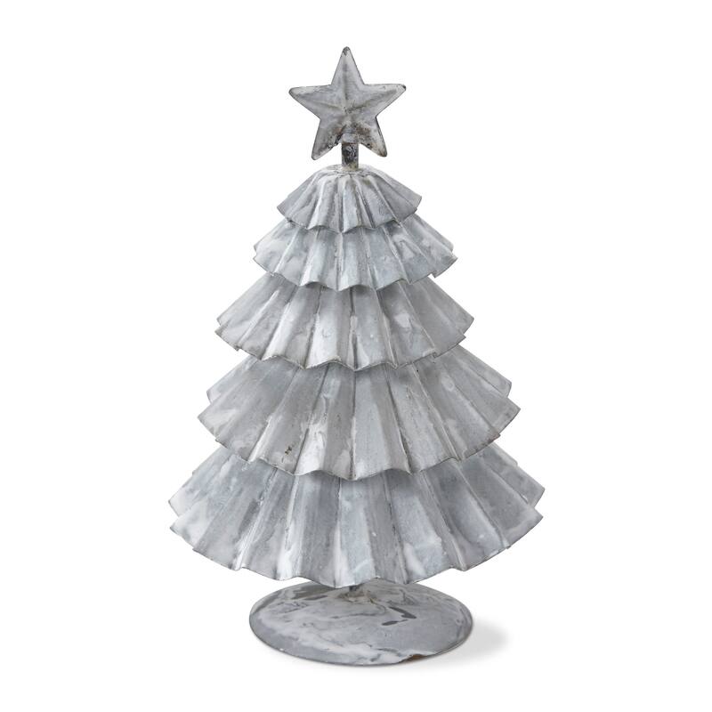 Gray Crimped Tin Tree with Star Tree Topper Tabletop Decoration, Tall 7.7H in.
