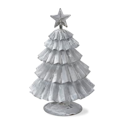 Gray Crimped Tin Tree with Star Tree Topper Tabletop Decoration, Tall 7.7H in.