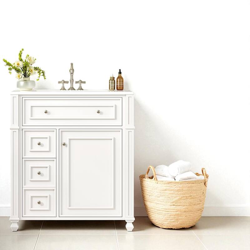 30" Bathroom Vanity with Ceramic Sink Basin, Soft Close Doors, Adjustable Shelf and Door Organizer Cabinet