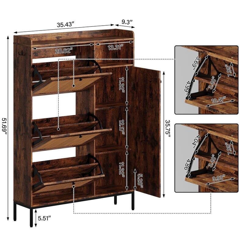 3-Tier Shoe Storage Cabinet with Rattan Doors and Adjustable Compartments