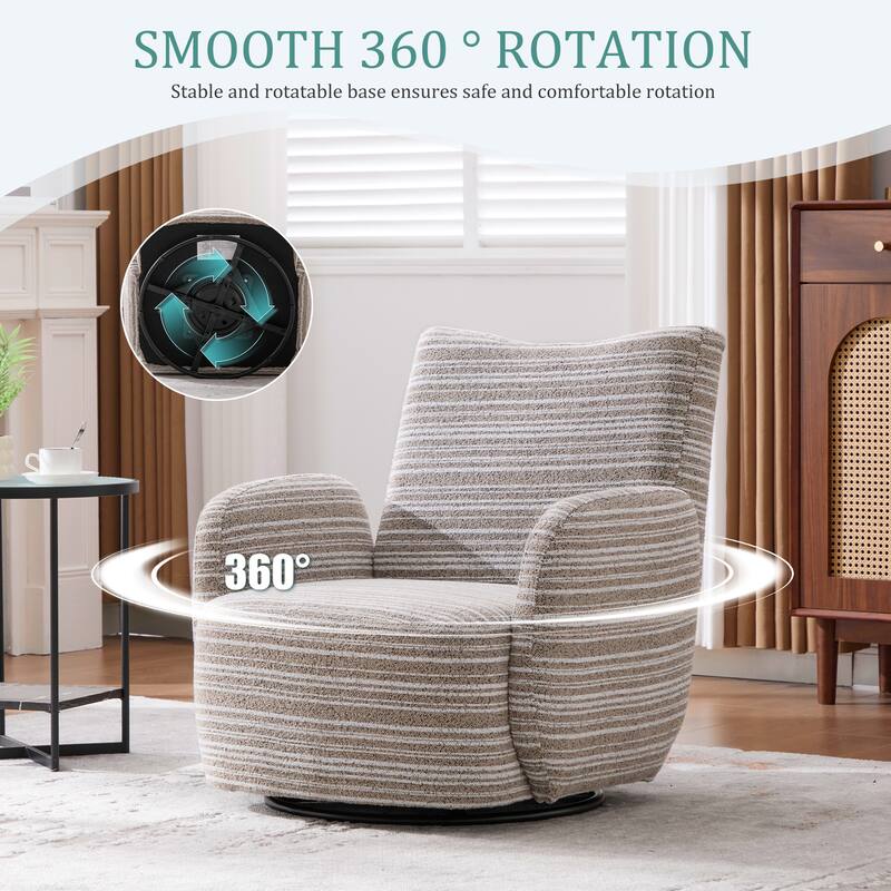 HOMEFUN Boucle Upholstered 360° Swivel Fabric Striped Armrest Leisure Chair for Living room and Bedroom