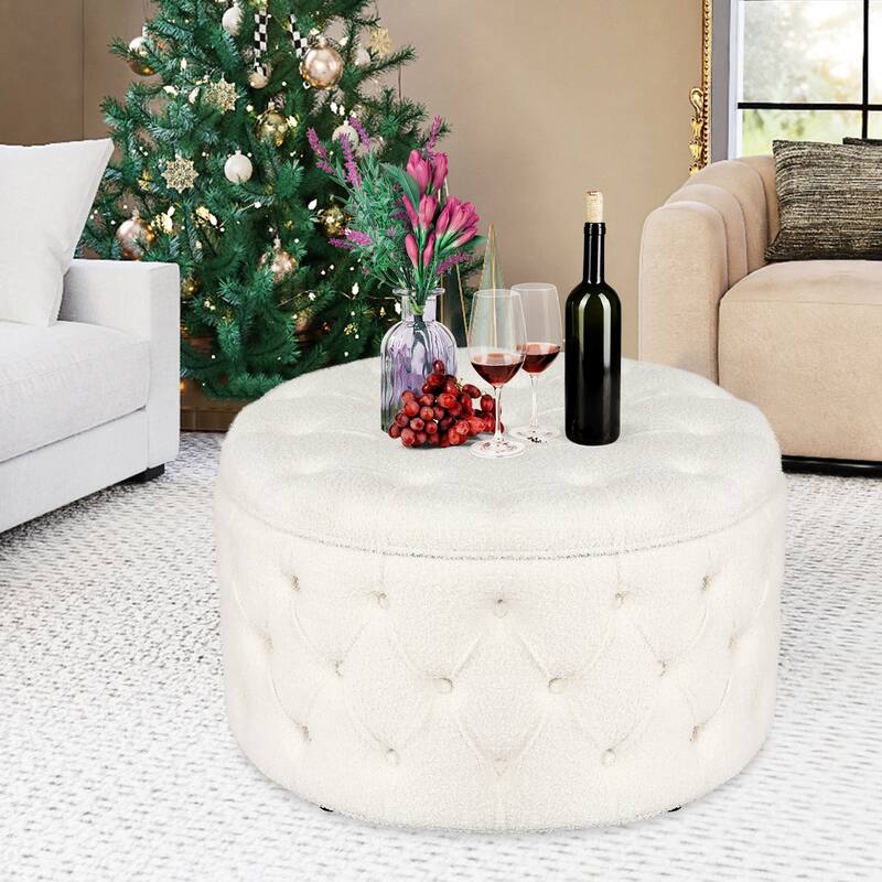 Adeco Round Storage Ottoman Button Tufted Footrest Stool Bench