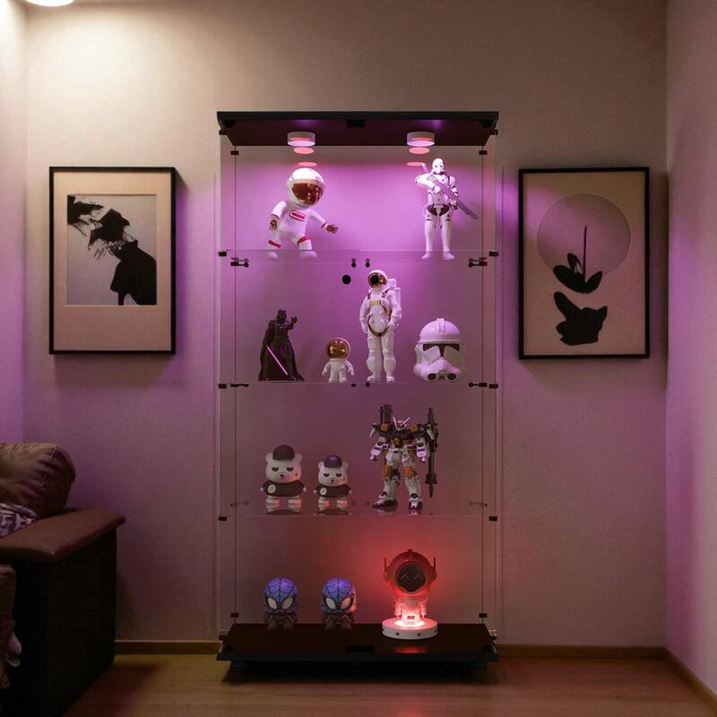 Lighted Two-Door Glass Display Cabinet with 4 Shelves, Tempered Glass and Security Lock - Brown