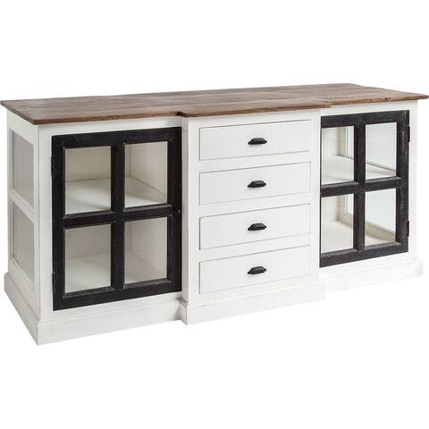 Mercana Bourchier 75x21 White/Black Solid Wood Frame Brown Top 4 Drawer 2 Glass Cabinet Buffet - 75.0L x 20.8W x 34.3H