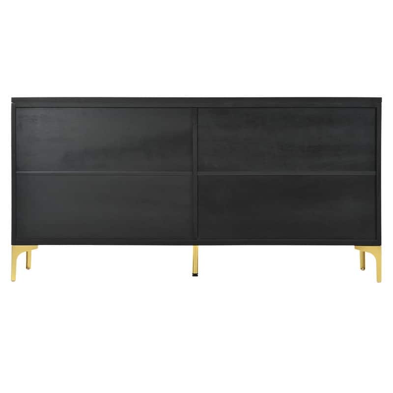 60-Inch Modern Handleless Sideboard with Push-to-Open Mechanism - 4-Door Carved Credenza in Sleek Black for Living Room.