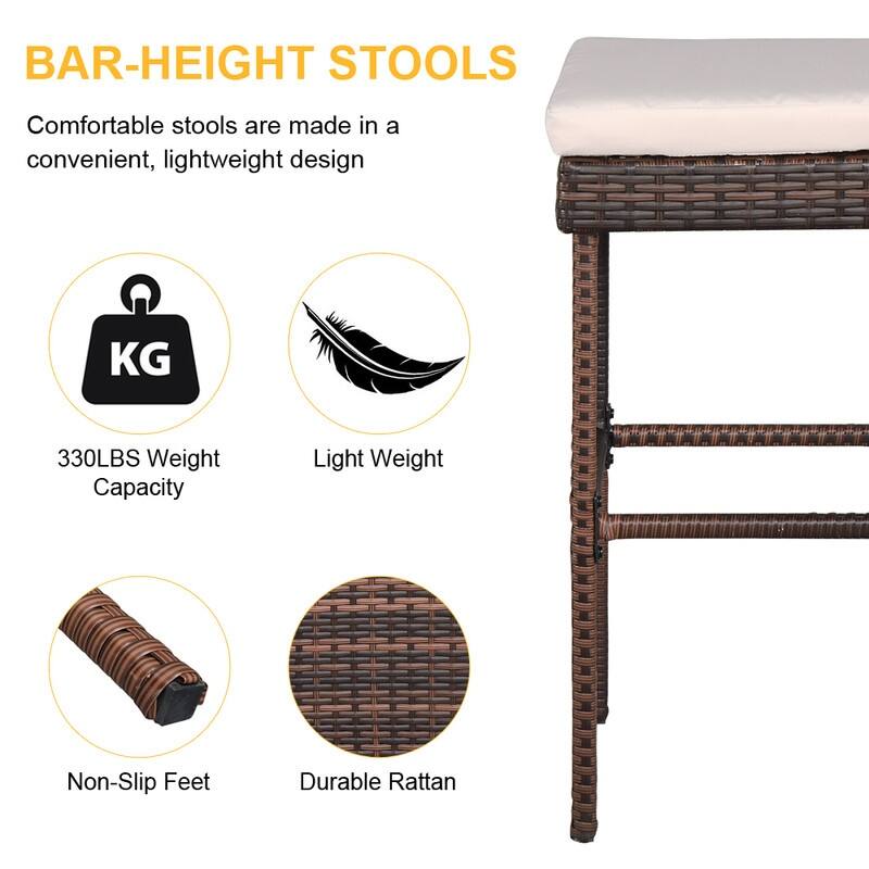 Outdoor Brown 3-Piece Rattan Wicker Bar Set with Beige Seat Cushions