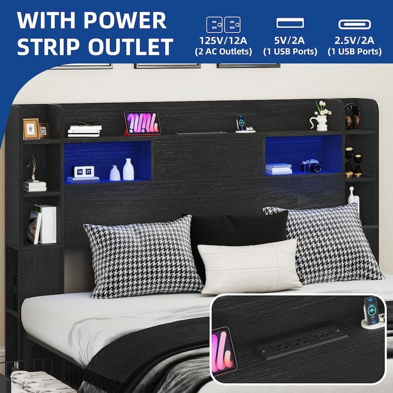 Queen/King Size LED Bed Frame with Bookcase Headboard, 4 Storage Drawers and Charging Station