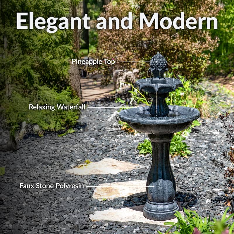 2-Tier Pineapple Solar Outdoor Water Fountain w/ Battery - 46" - Black - 46-Inch