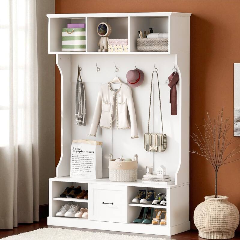 57 in Hall Tree with 6 Hooks, Entryway Bench, 3-in-1 Coat Rack with Drawer, Adjustable Shoe Shelves, 85 in H - White