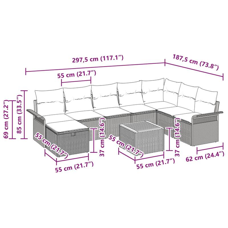 vidaXL 9 Garden Sofa Set with Cushions Black/Grey Poly Rattan - 117.1 x 73.8 x 27.2