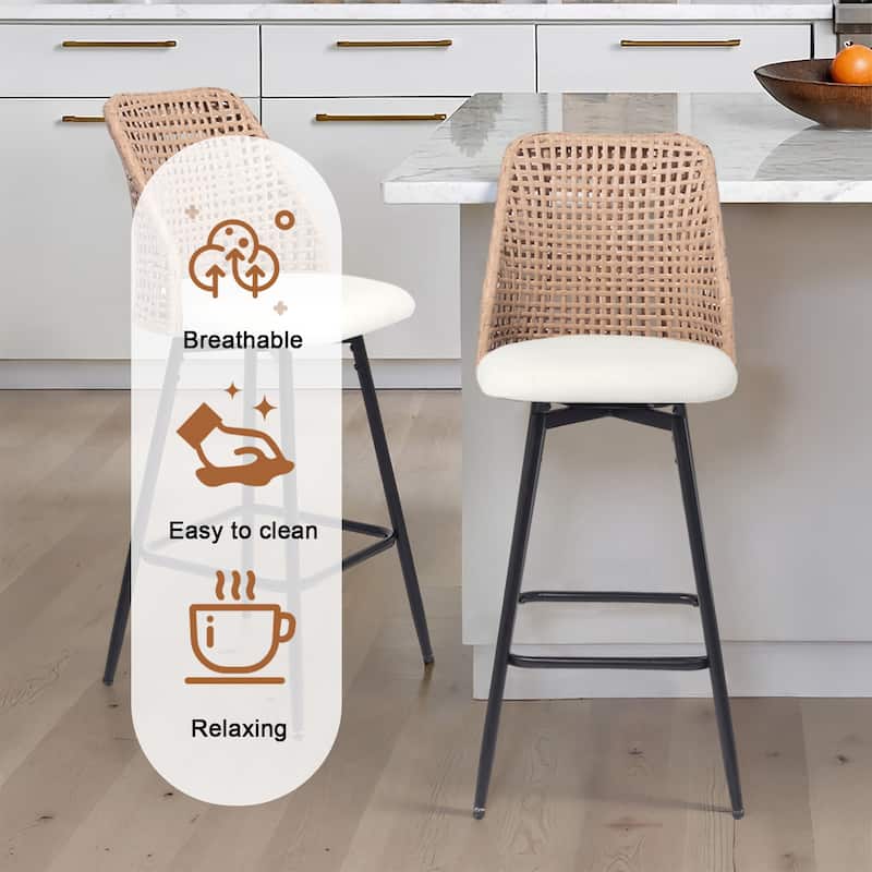 Chenille Counter Height Swivel Bar Stools Rattan Back with Metal Legs