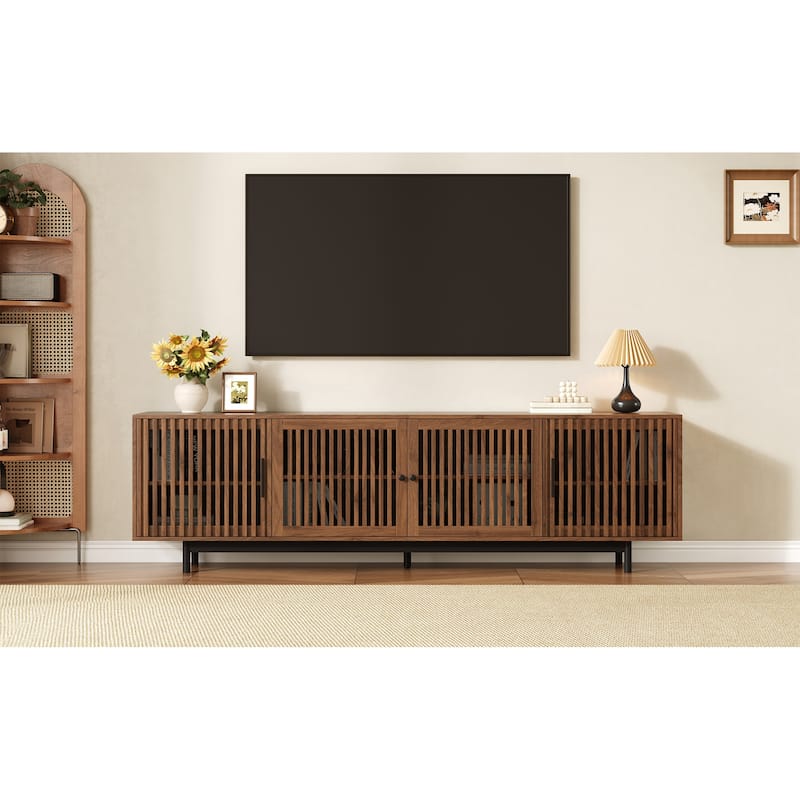 Roomfitters 78 Inch Modern TV Stand for TVs up to 85 Inch, Media Console with Soft-Closing Hinges & Solid Wood Legs, Walnut