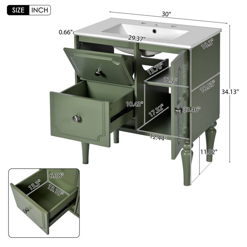 30 Inch Single Sink Freestanding Bathroom Vanity in Green with White Ceramic Top