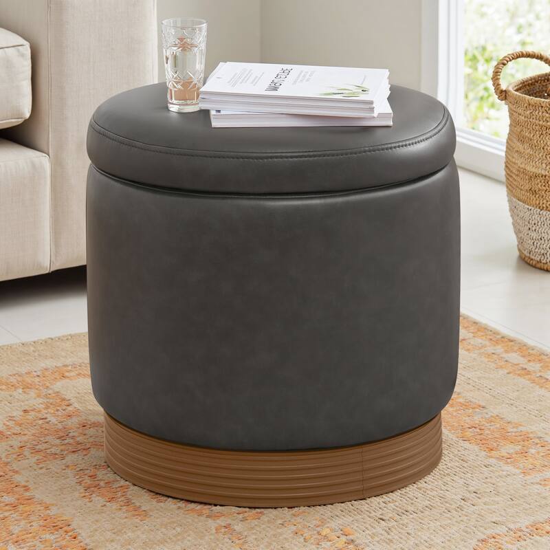 Round Swivel Storage Ottoman Footstool with Flip-top and Acacia Frame