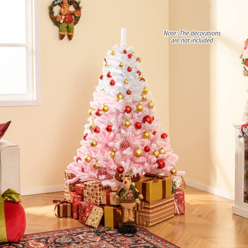 Gymax Artificial Christmas Tree Hinged Snow Flocked Xmas Tree w/ Lush - Pink, White
