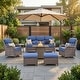 preview thumbnail 79 of 189, Pocassy Outdoor Wicker Sofa with Swivel Chair Fire Pit Table Furniture Set. Brown Wicker & Blue Cushion - 7 Pieces Sofa Chair Ottoman Table w/ Fire Table