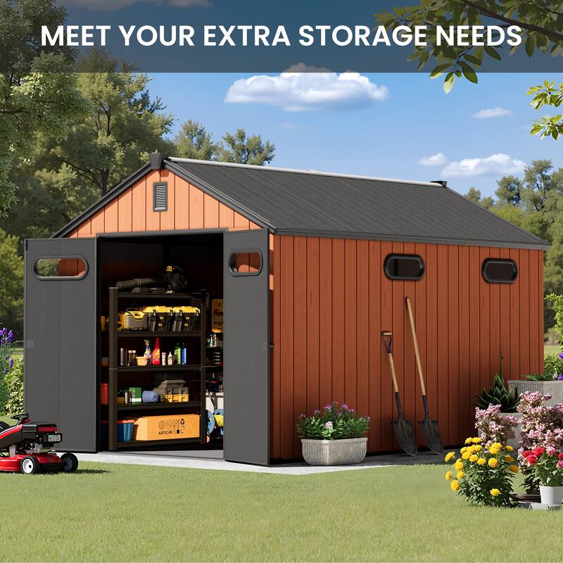 8' x 8' / 8' x 10'/ 8' x 12' Outdoor Resin Storage Shed with Lockable Doors and Air Vents for Garden