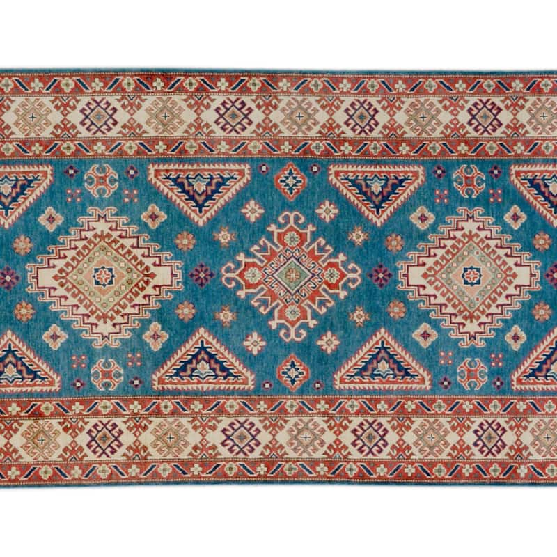 Rustic Kazak Katrina Blue/Natural Wool Runner - 4'0'' x 16'2''