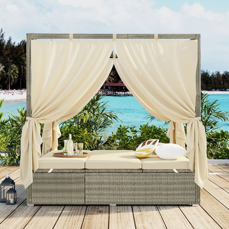 High Comfort Style Adjustable Sun Bed with Curtain for Patio, Balcony or Backyard