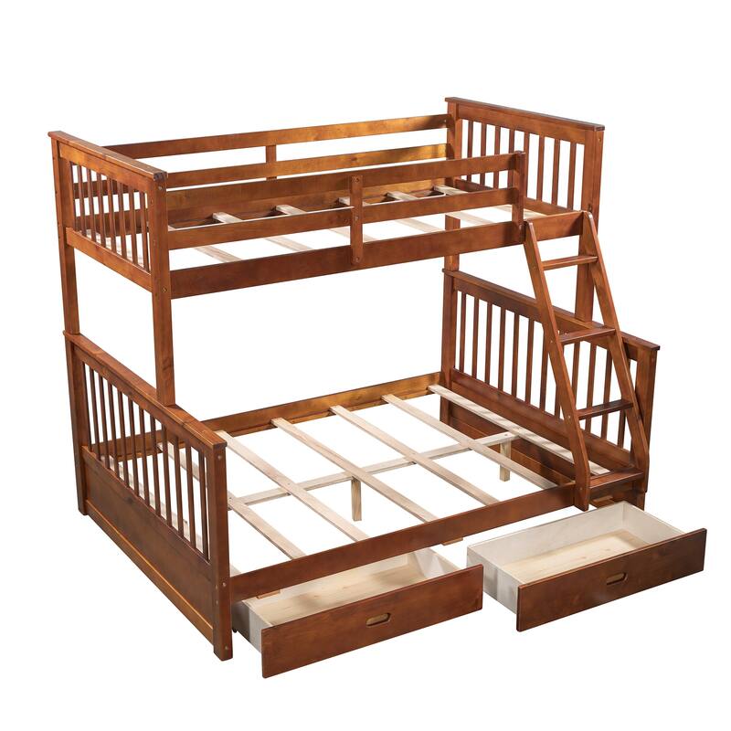 TwinOverFull Solid Pine Wood Bunk Bed with Ladders and Two Storage