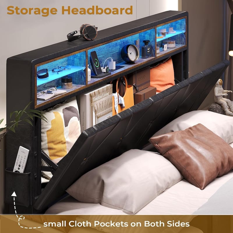 Bed Frame Storage Headboard RGB LED Lights Upholstered Platform