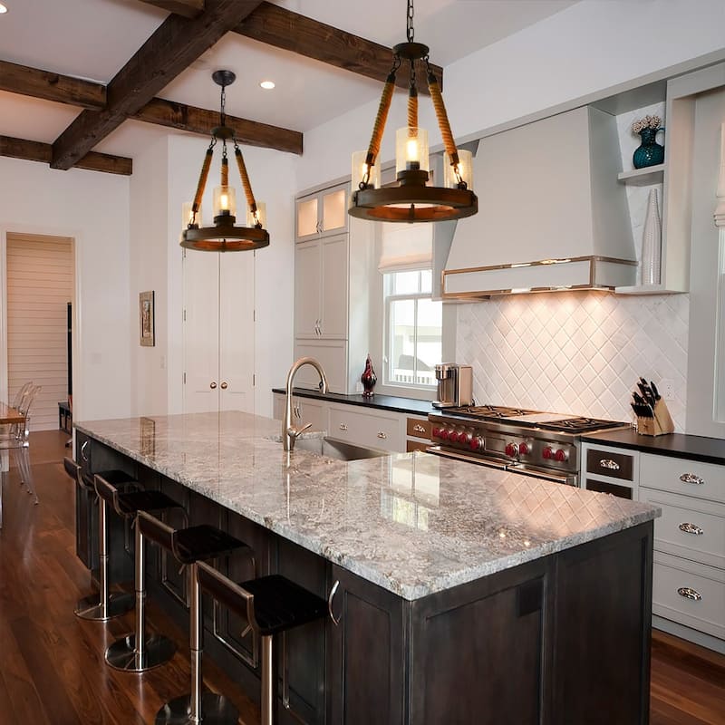 Anmytek Modern Farmhouse 3-Light Wooden Wagon Wheel Chandelier Cylinder Glass Pendant Lights for Dining Room - 16" D x 21.5" H