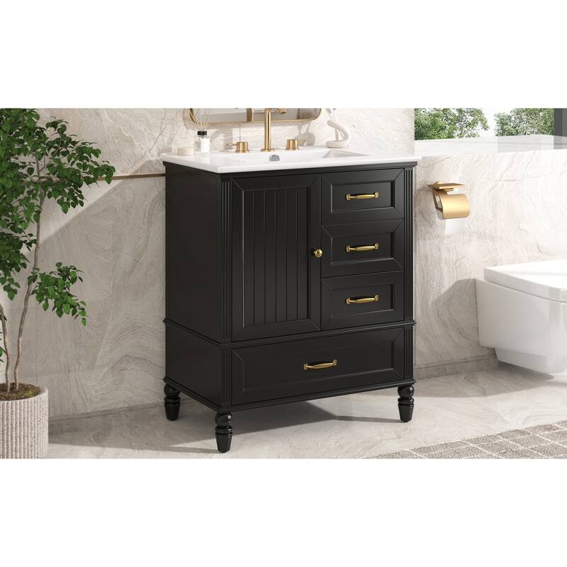 Modern Bathroom Vanity with Semilune Ceramic Sink, Storage Cabinet, and Adjustable Foot Pads - 30in L
