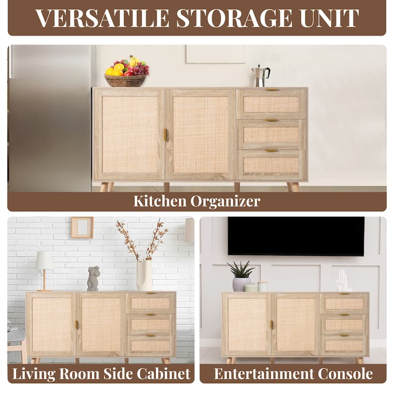 Rattan Sideboard Buffet Cabinet with 2 Doors, 3 Drawers, and Storage