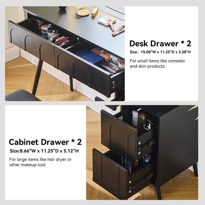 Modern Makeup Vanity Desk with LED Lights & Mirror, Extendable Dressing Table Set with Stool, 4 Drawer & Side Cabinet