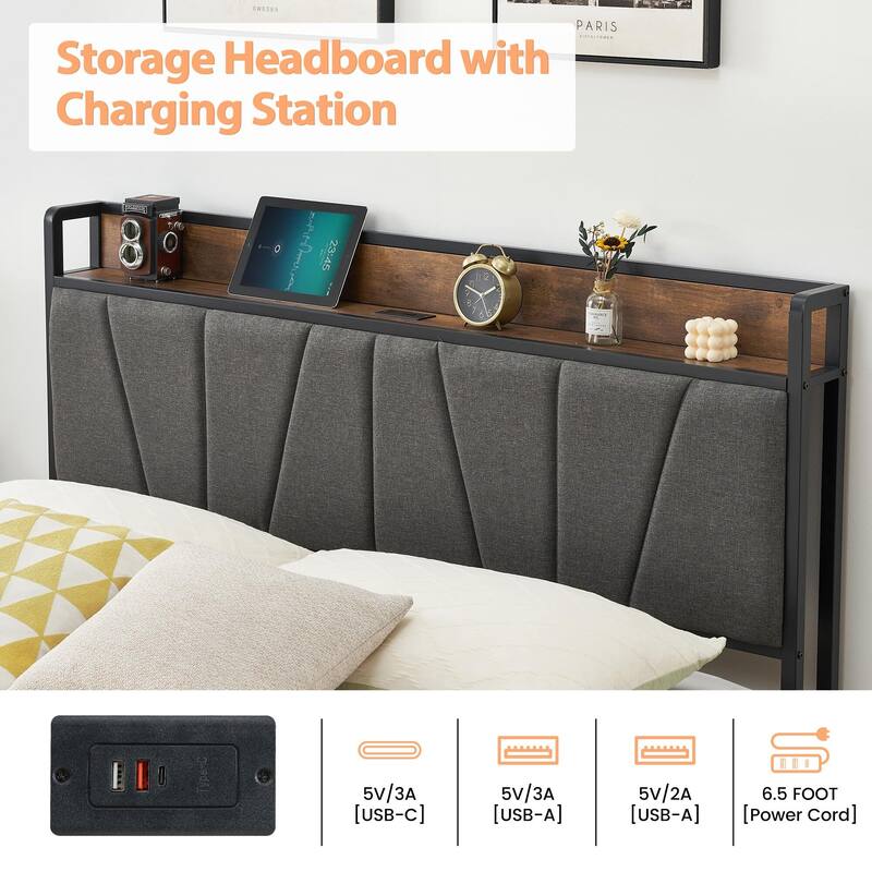 Bed Frame with 2 Storage Drawers and Charging Station