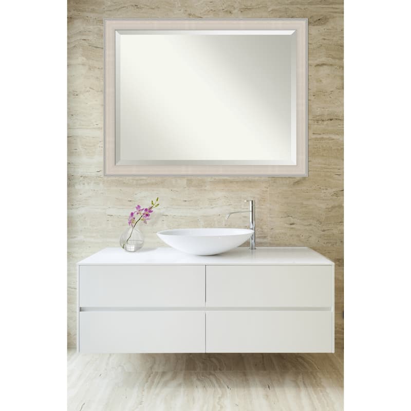 Cottage White Silver Beveled Wood Framed Bathroom Vanity Wall Mirror - Cottage White Silver