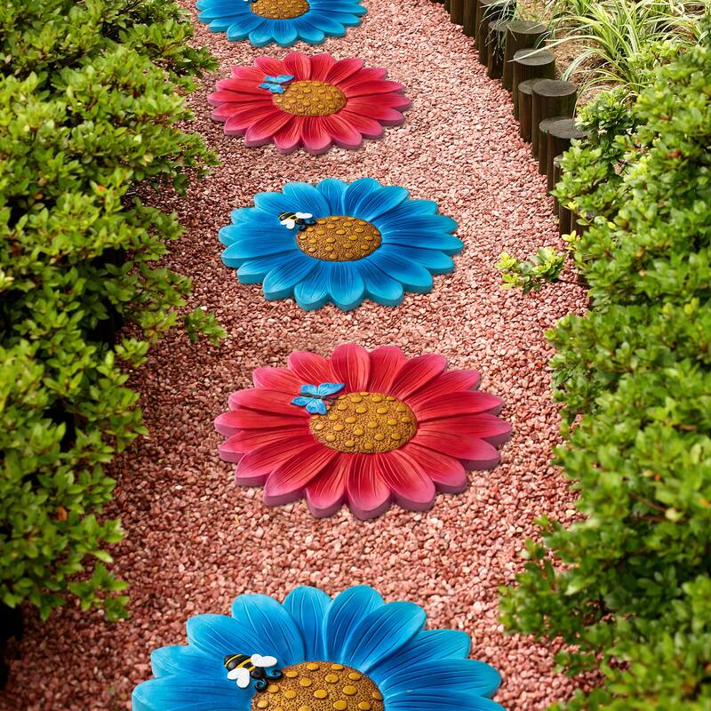 Glitzhome 2-Piece Butterfly and Bee on Daisy Cement Stepping Stones Pathway Decor - 10 in