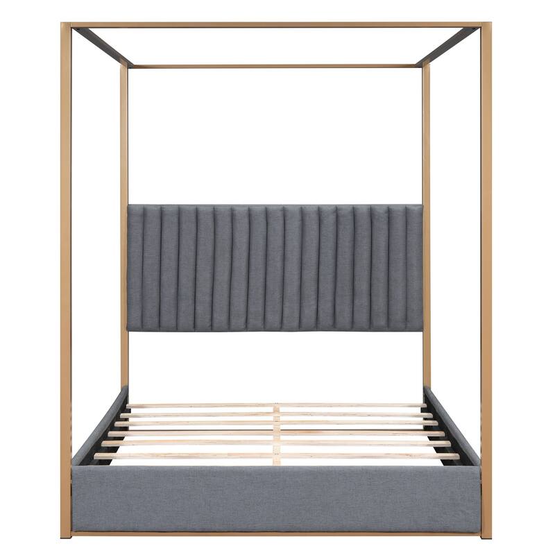 Queen Upholstered Canopy Bed with Headboard, Metal Frame, and Linen Upholstery, 4-Poster Modern Design, Easy Assembly
