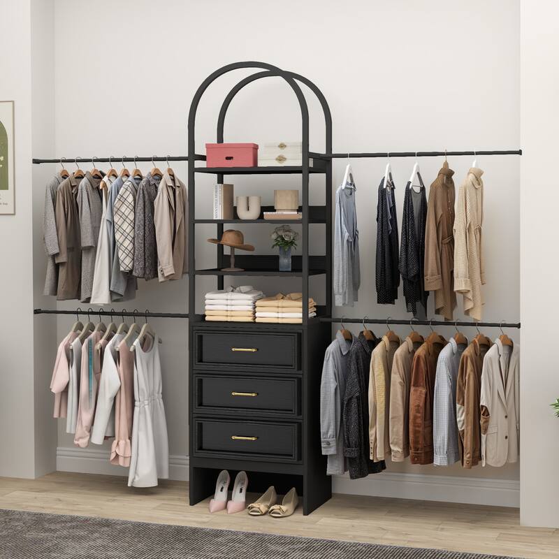 Wall-Mounted Clothing Storage Rack Multi-Functional Closet Organizer System with Adjustable Rods and Shelves