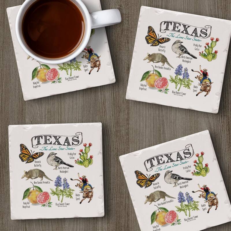 Texas State Icons 4-Pack Tumbled Tile Stone Coasters with Protective Cork Backing Manufactured in The USA