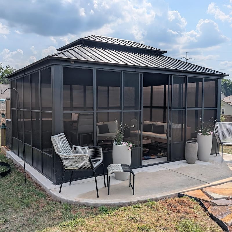 PURPLE LEAF Double Top Sunroom Outdoor Grey All-Weather Screen House Patio Hardtop Gazebo