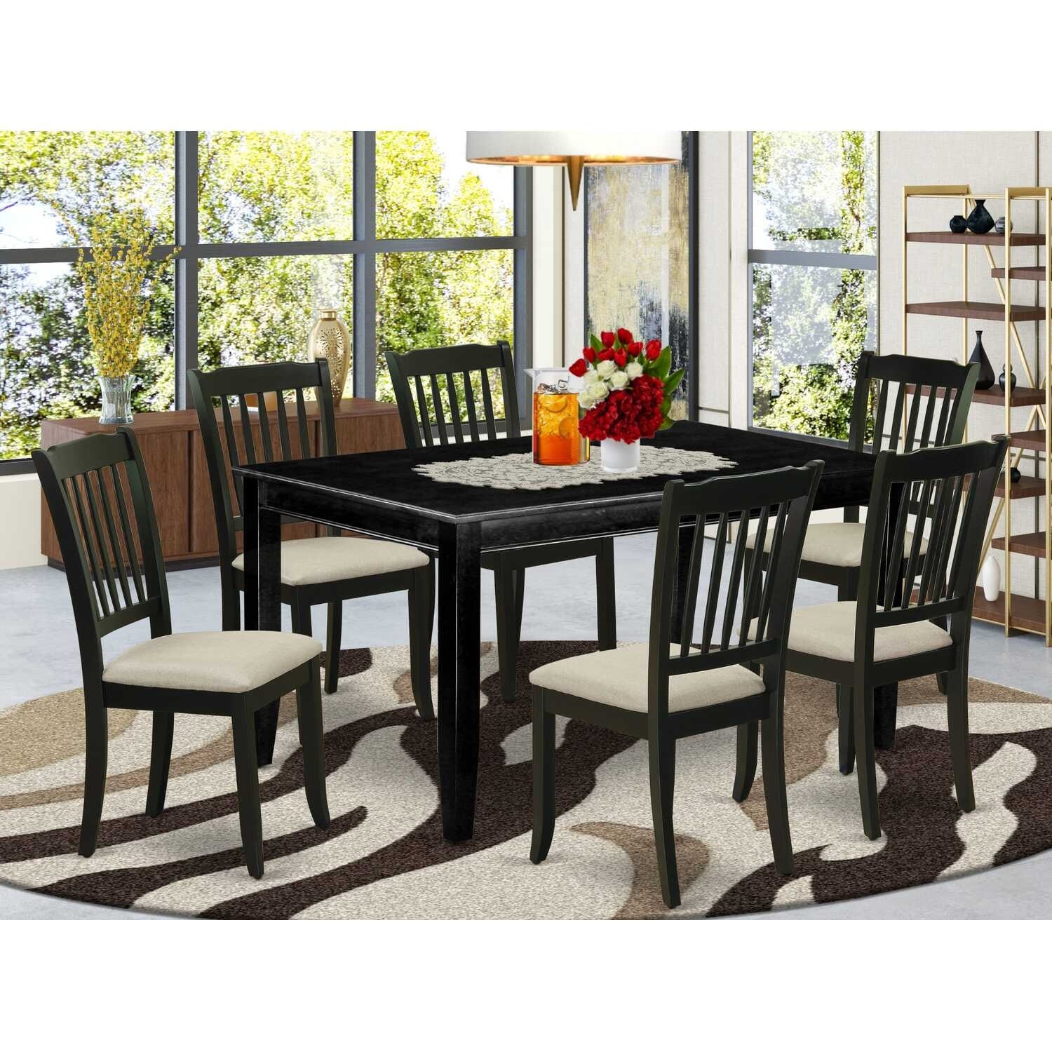 HomeStock 7-Piece Rectangle Black Finish Solid Wood Top Dining Table with 6-Chairs with Slat Back