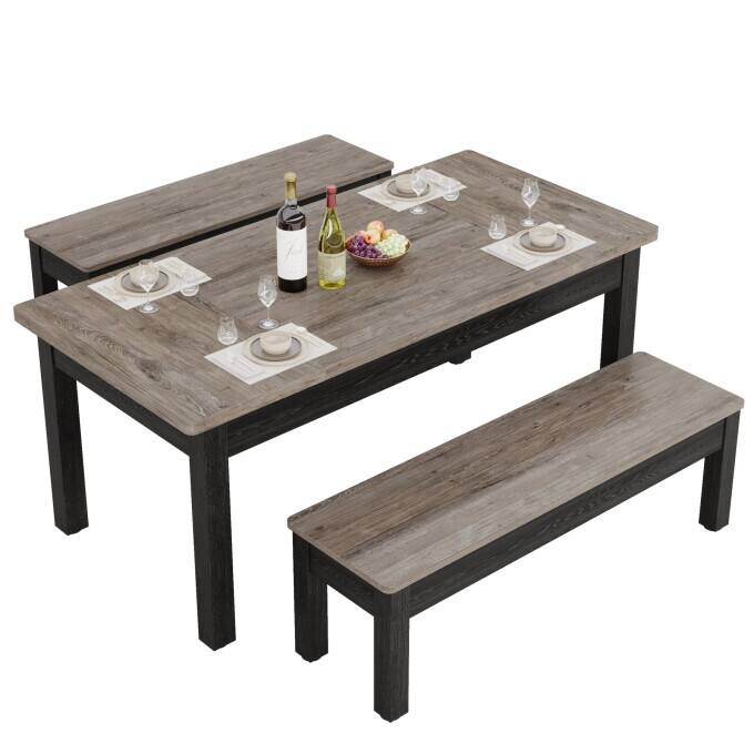 Farmhouse Dining Table Set for 4-6, Kitchen Table with 2 Benches