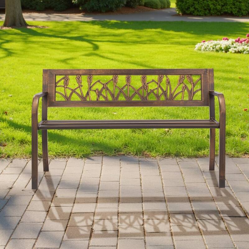 50 Inch Antique Bronze Outdoor Patio Bench with Steel Frame and Floral PVC Backrest for 2-3 People - 50” x 20.5” x 30.3”