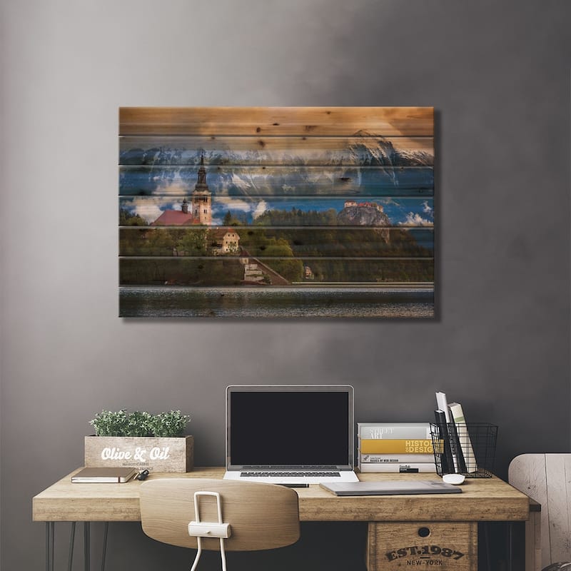 Europe, Slovenia, Lake Bled. Church Castle On Lake Island And Mountain Landscape. Print On Wood by Jaynes Gallery - Multi-Color