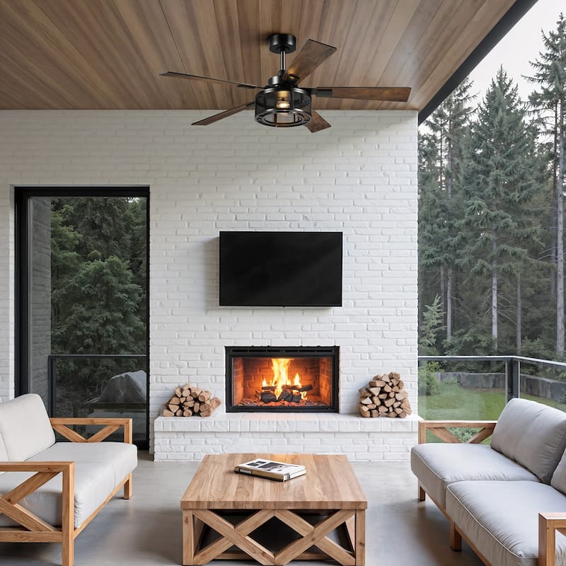 52" 5 - Blade Industrial Farmhouse Meshed Cage Ceiling Fan with Light and Remote