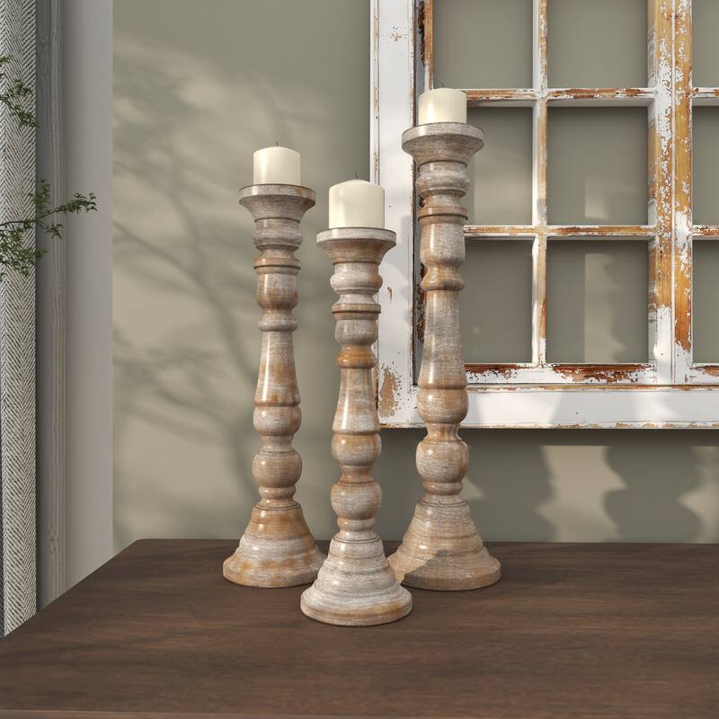 Brown Mango Wood Handmade Candle Holder with Turned Style (Set of 3)
