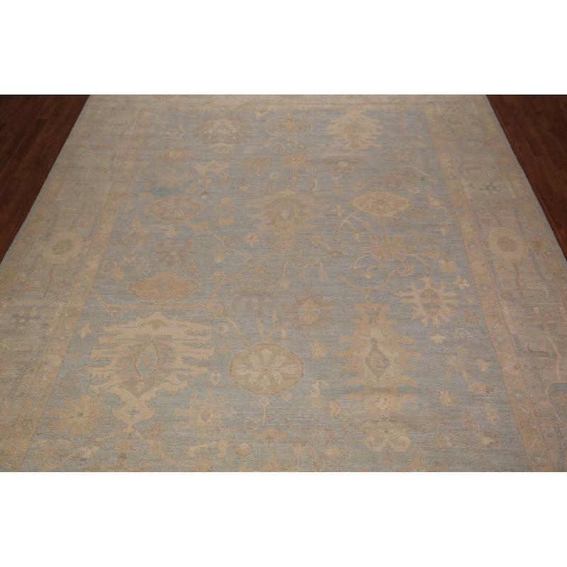 Vegetable Dye Oushak Turkish Area Rug Handmade Blue Wool Carpet - 8'11" x 11'11"