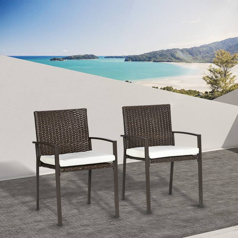 Outsunny 2 Piece PE Rattan Outdoor Dining Chairs with Cushion, Patio Wicker Dining Chair Set with Backrest