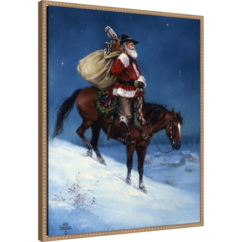 A Cowboy Christmas by Jack Sorenson (23 x 28 in.), Framed Canvas Wall Art Print - Sylvie Beaded Rustic Natural