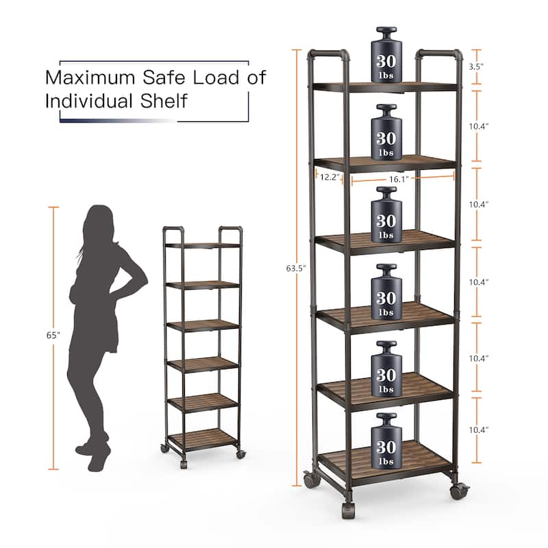 Mieres 63.5 in. H x 16.1 in. W x 12.2 in. D Industrial Style 6-Tier Shelving Unit with Lockable Casters