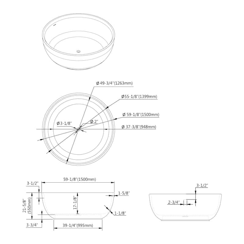 Repose 59" Stone Resin Soaking Tub - Round - 59D x 59W x 22H