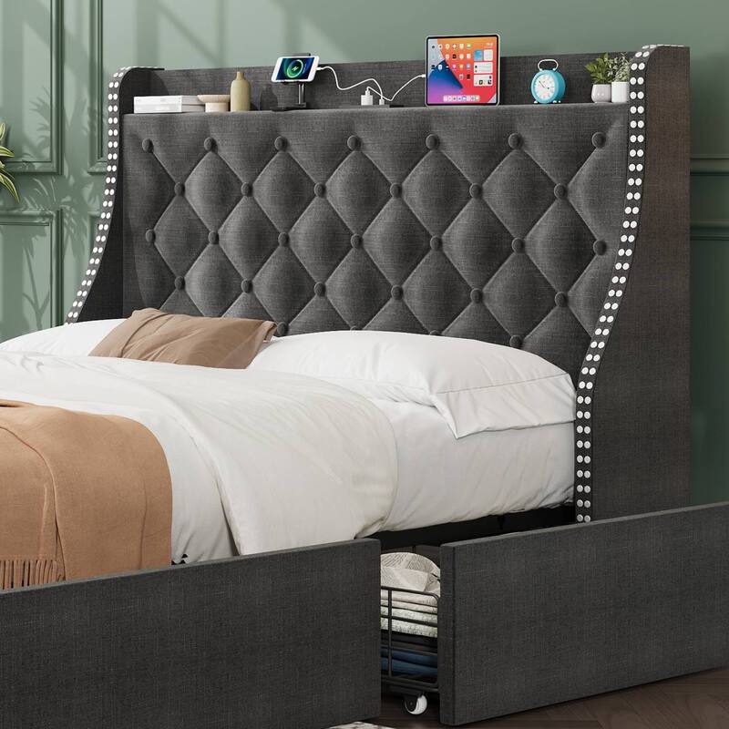 Bed Frame with 4 Storage Drawers and Headboard