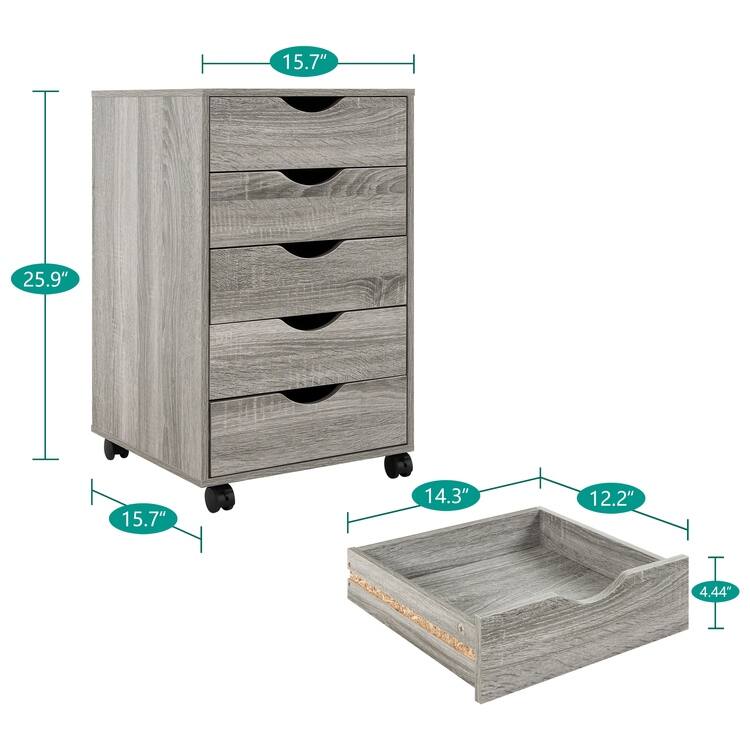 5 Drawers Chest, Wood Storage Dresser with Wheels, Craft Storage Organizer and Storage Drawer Office Drawer Unit
