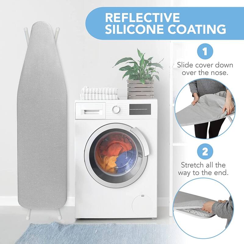 Ironing Board Cover and Pad- 54" x 15" Reflective Silicone Resists Scorching, Burning, and Staining - Elastic Edge and Straps